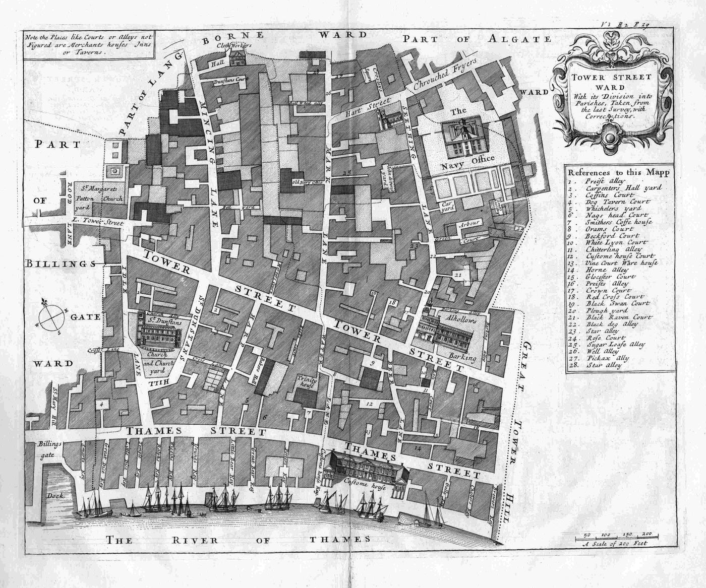 Tower Street Ward in the City of London antique map published 1720