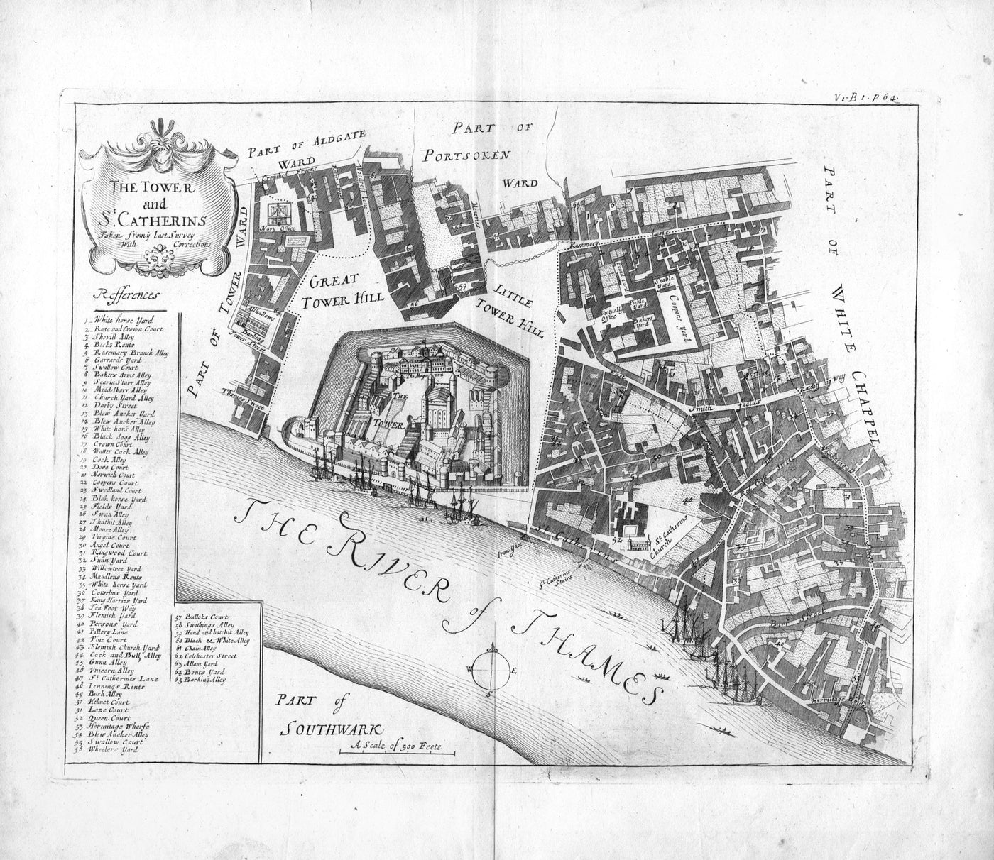 Tower of London and St. Katherine's Foundation antique map 1720