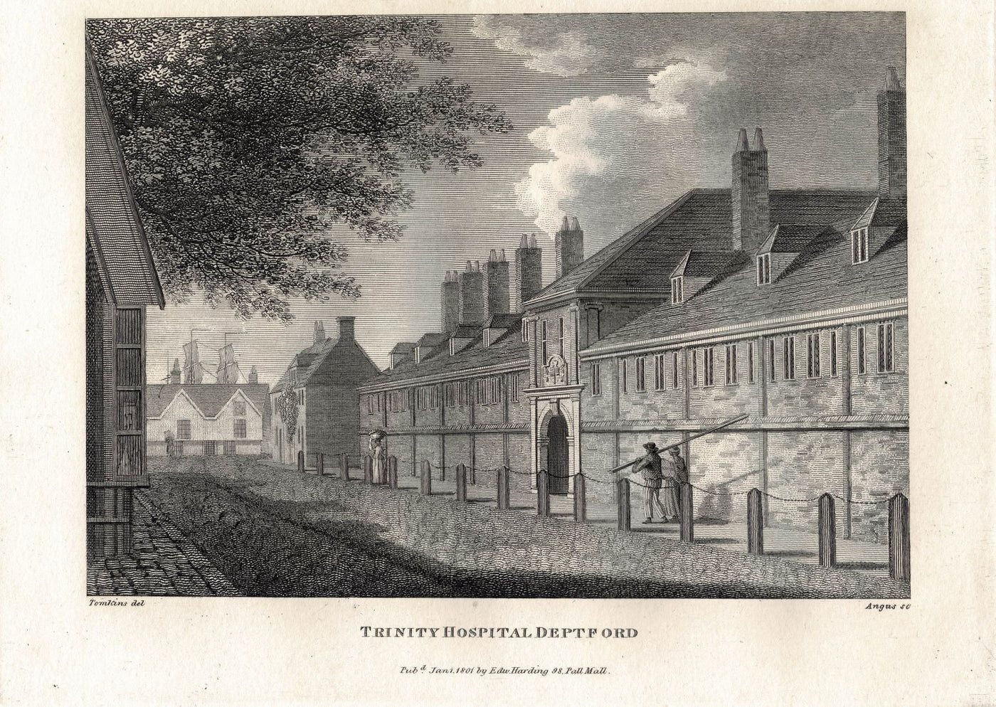 Trinity Hospital Deptford antique print published 1801