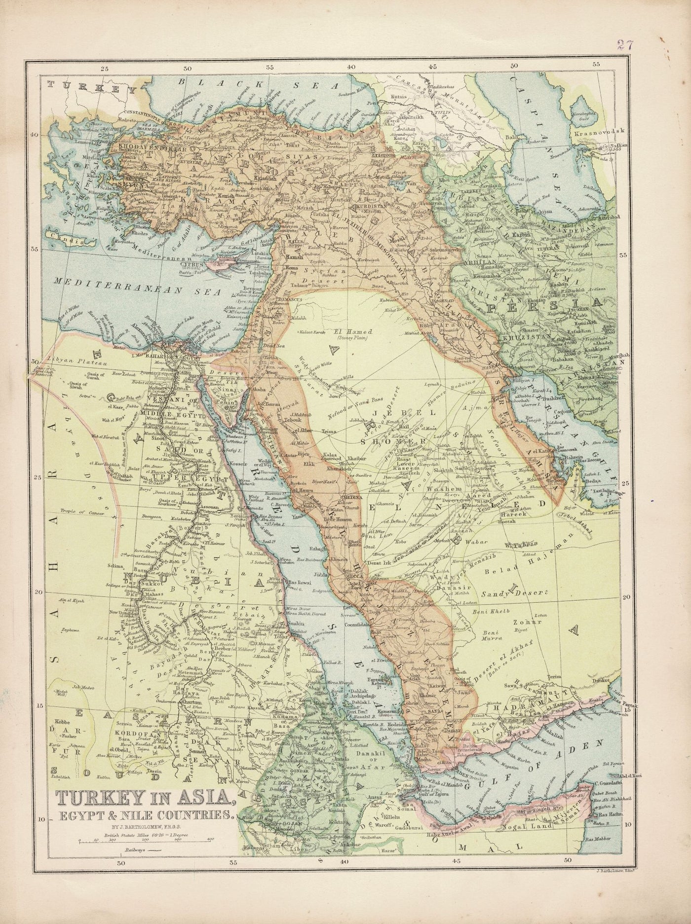 Turkey in Asia with Arabia Egypt and the River Nile antique map 1926