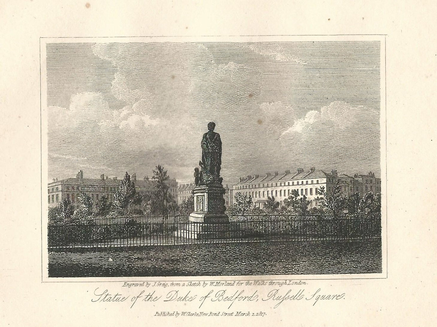 Russell Square Duke of Bedford Statue antique print 1817