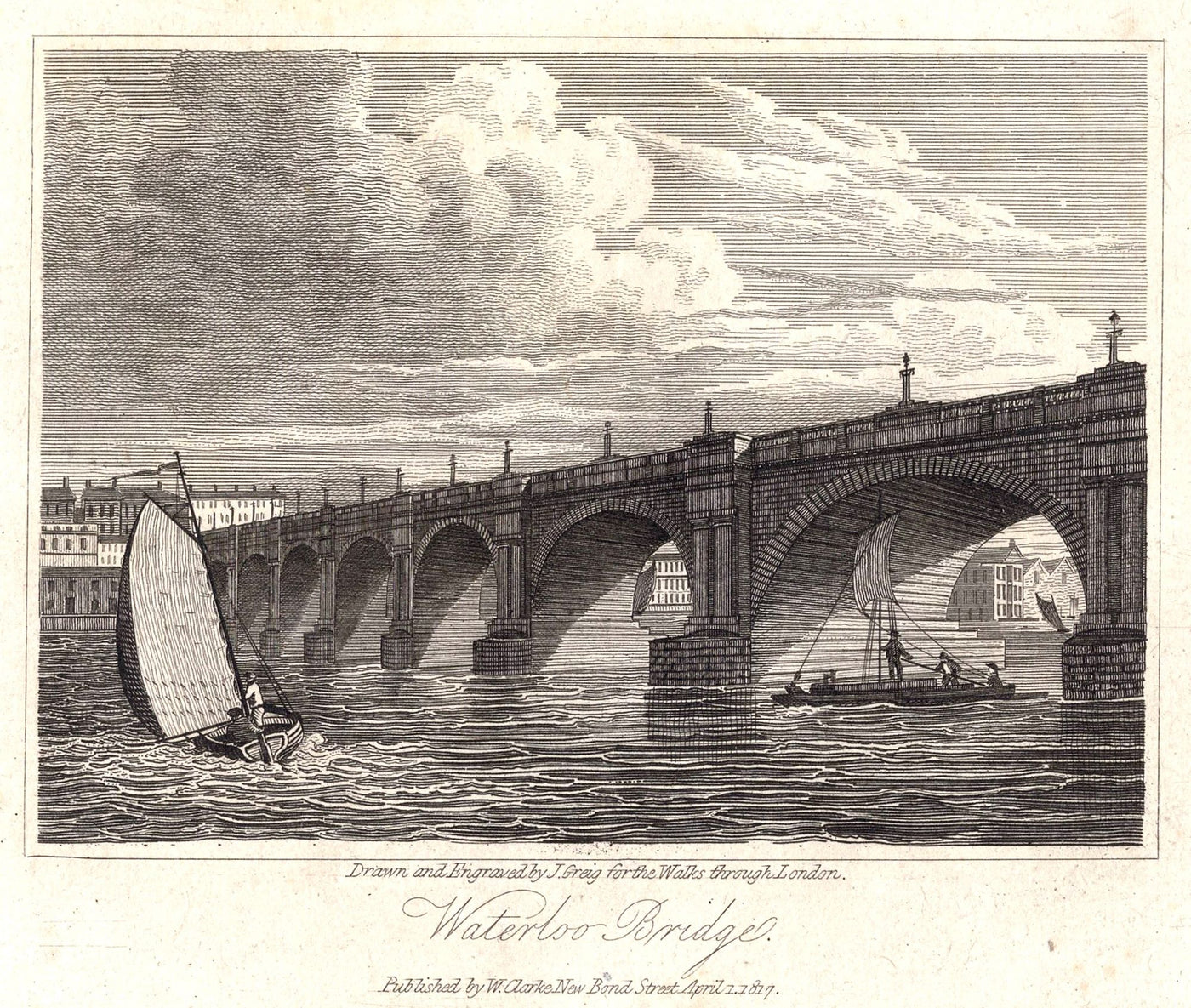 Waterloo Bridge antique print 1817