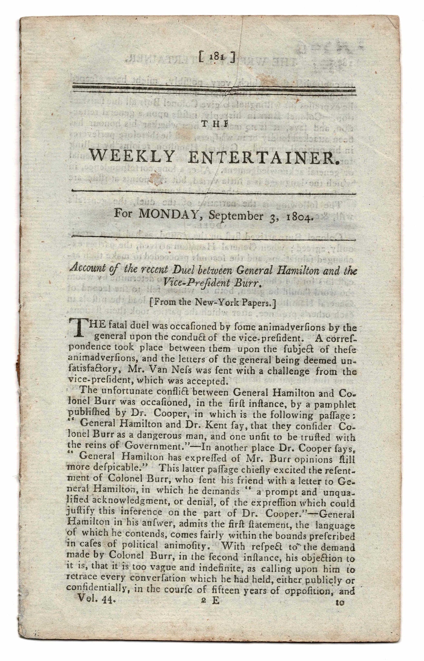 Weekly Entertainer Dual between General Hamilton & Vice-President Burr 1804