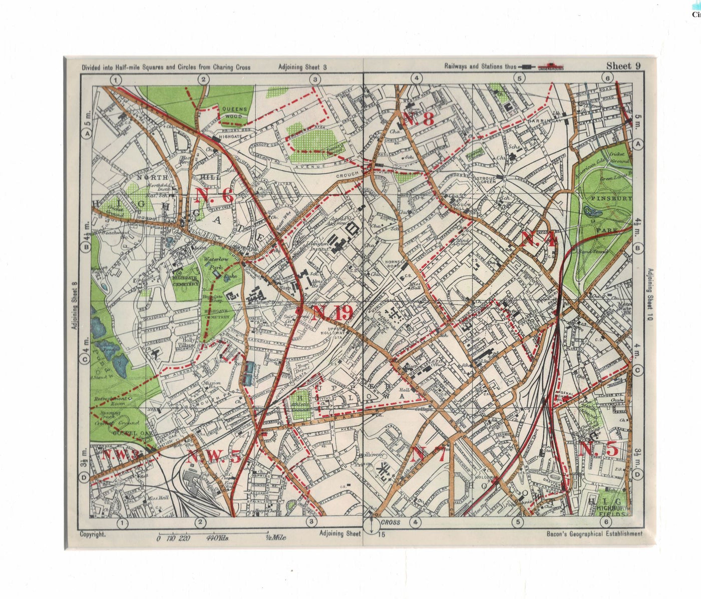 Upper Holloway and Highgate, antique map 1939