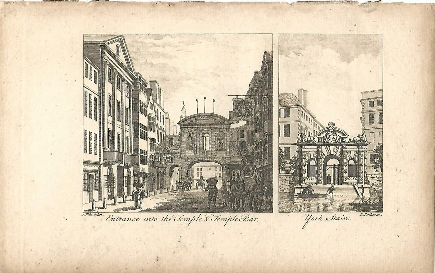 Temple Bar and York Stairs antique print published 1776