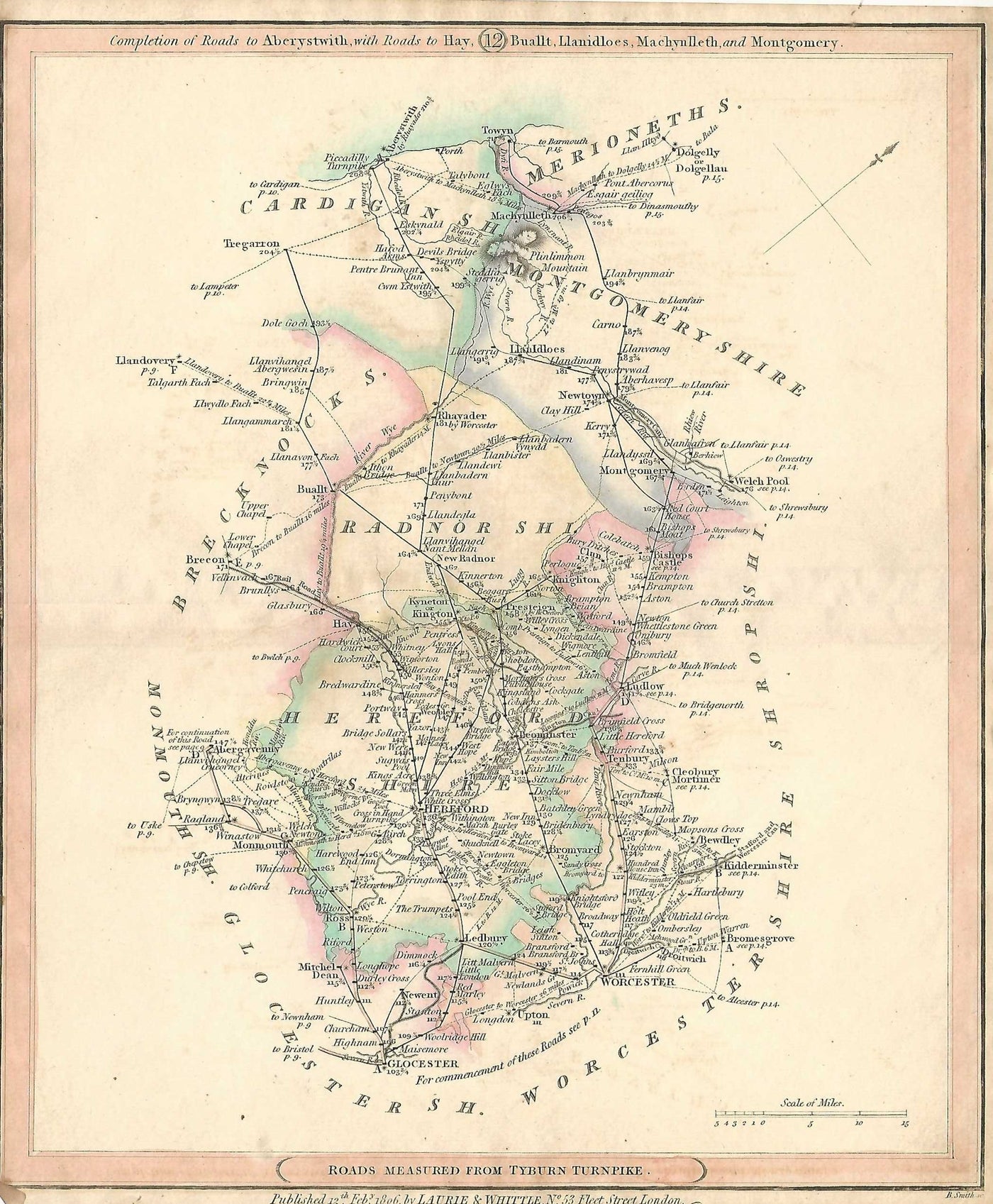 Aberystwith Hereford Hay Gloucester Worcester antique road map 1815