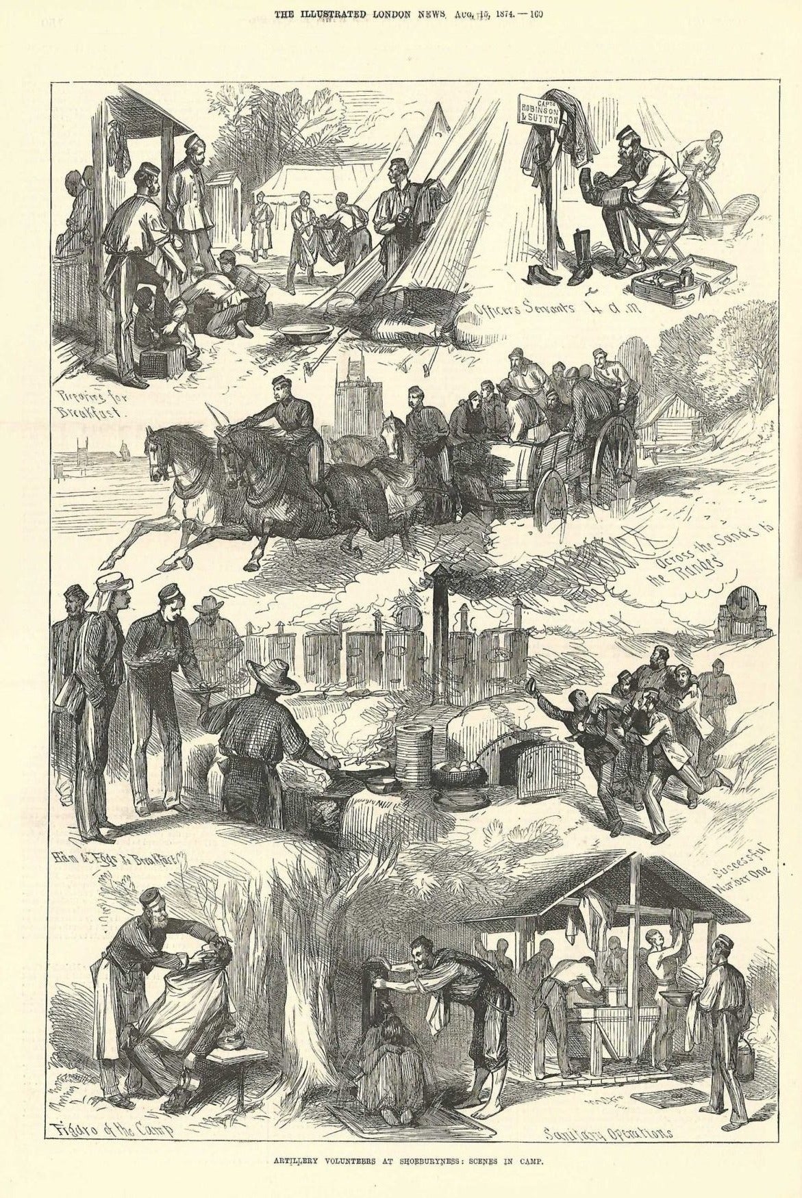 Artillery volunteers at Shoeburyness Essex antique print 1874