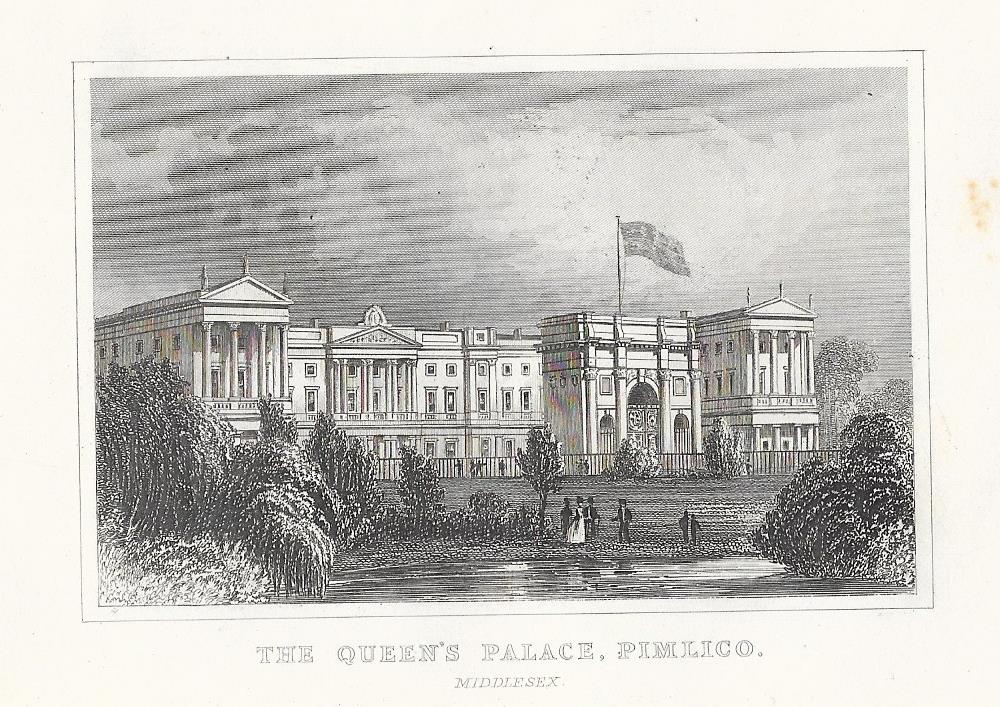 Buckingham Palace London antique print 1845