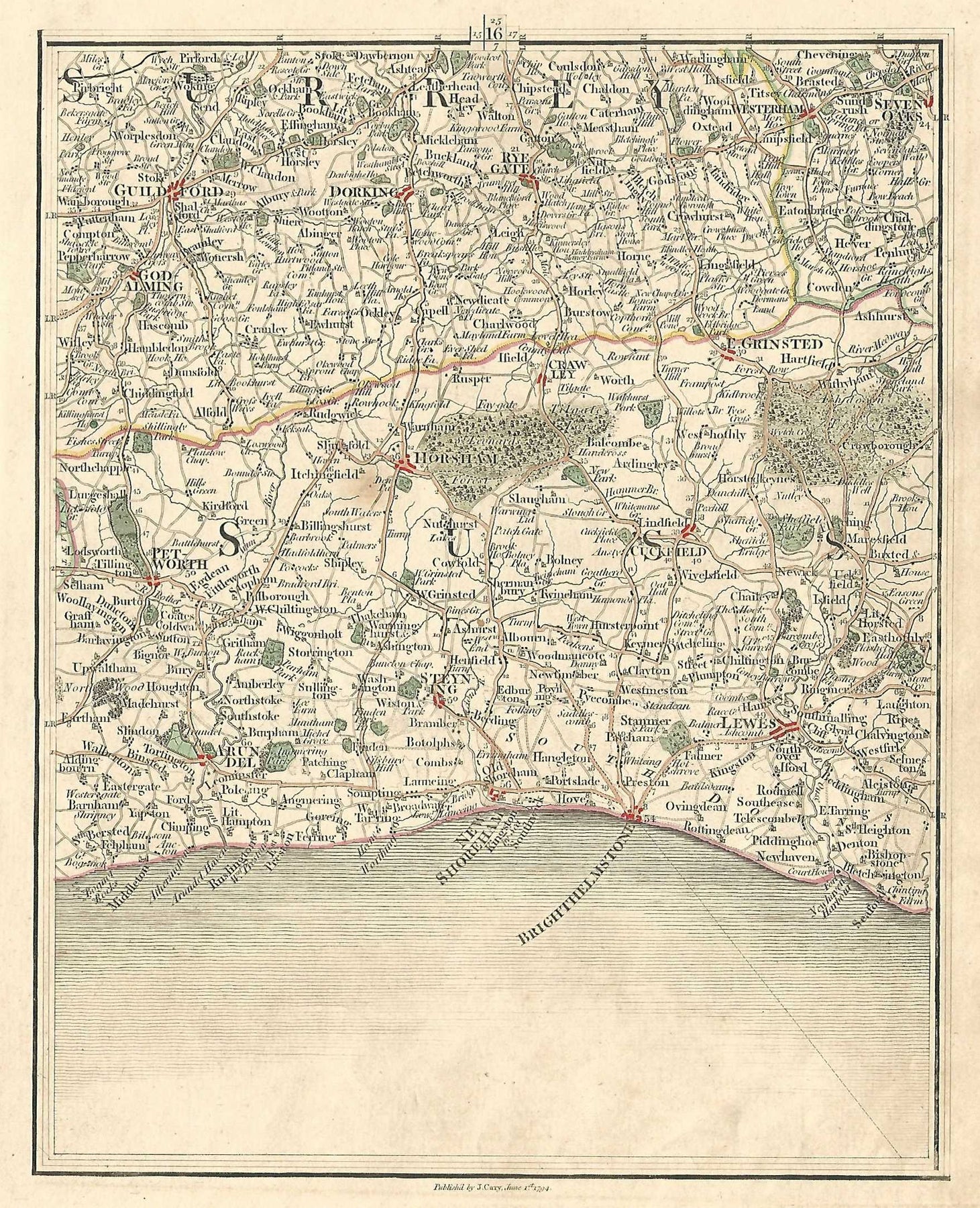 Sussex Surrey Georgian Antique Map Published 1794 By John Cary Maps   Carys Map Of England And Wales Antique Map Published 1794 Plate 16 Sussex Surrey 1800x1800 