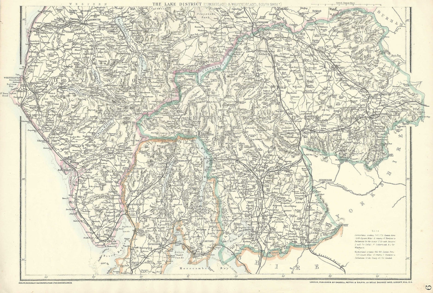 Cumberland Westmorland (Cumbria) antique map 1864