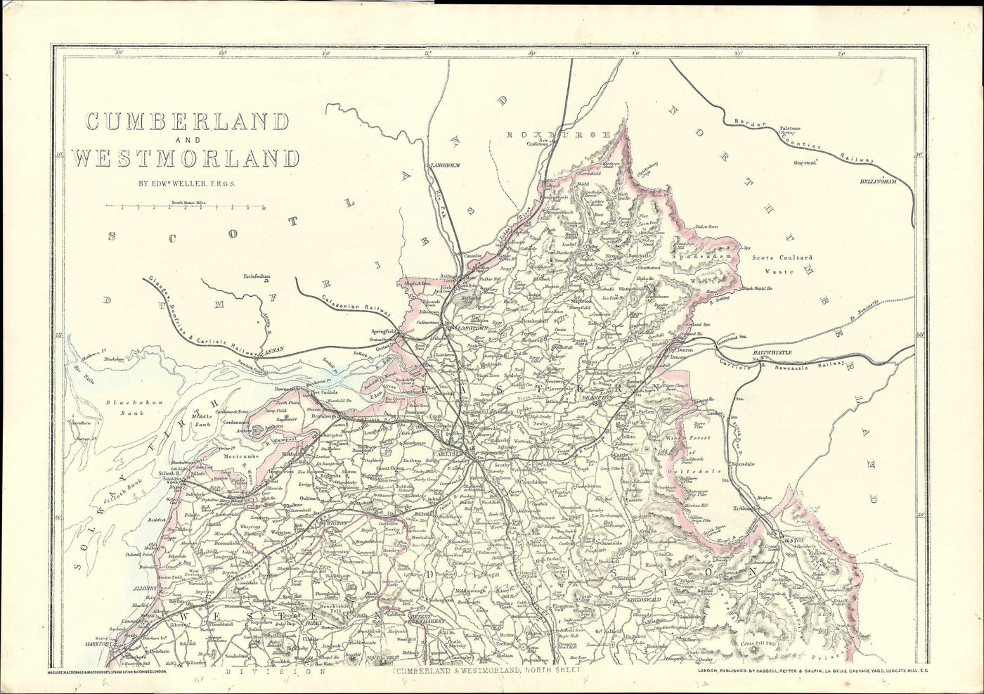 Cumberland Westmorland (Cumbria) antique map 1864