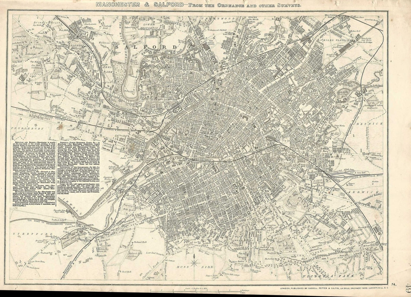 Manchester Salford antique map published 1864