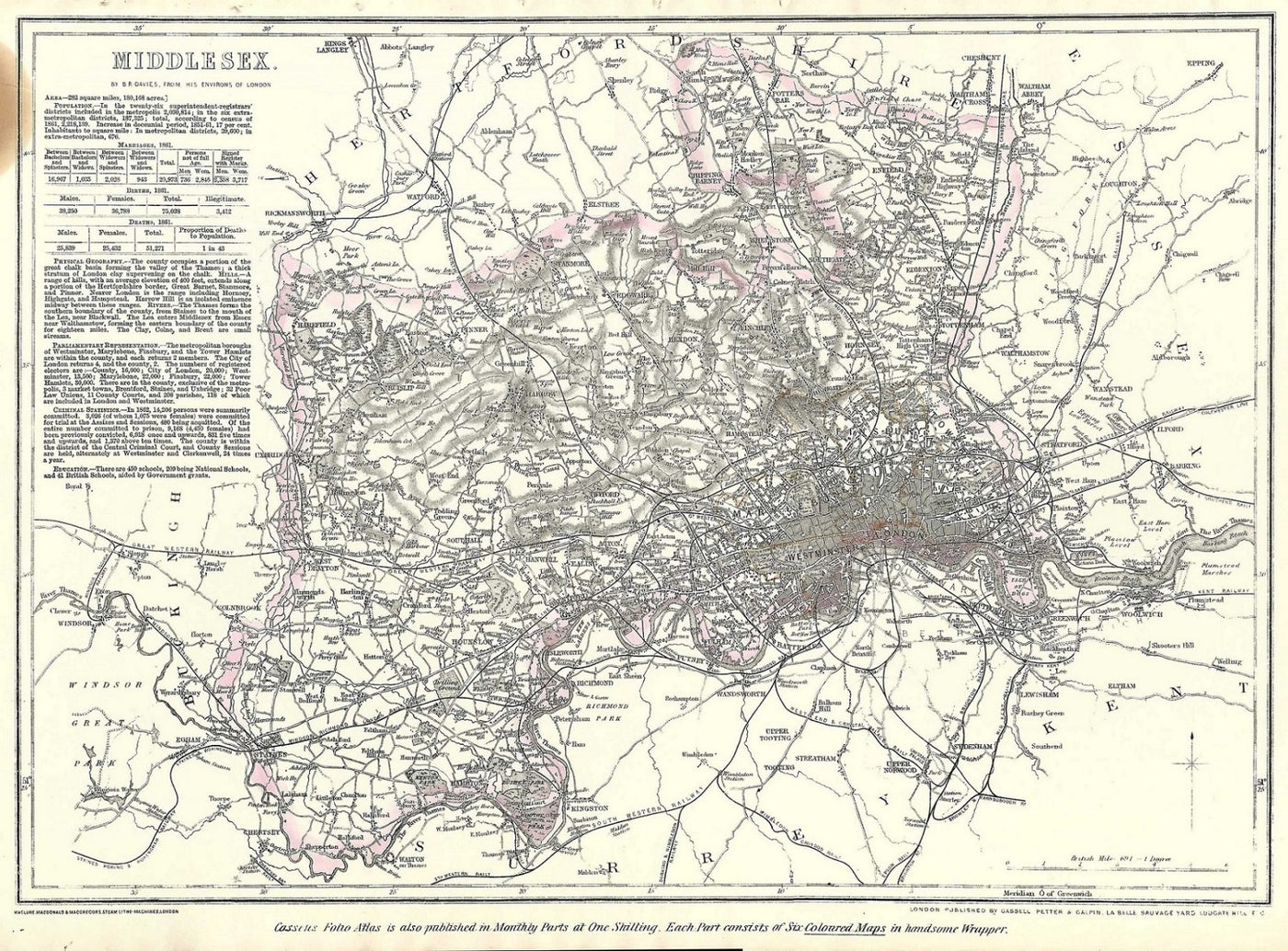 Middlesex antique map from Cassell’s County Atlas 1864