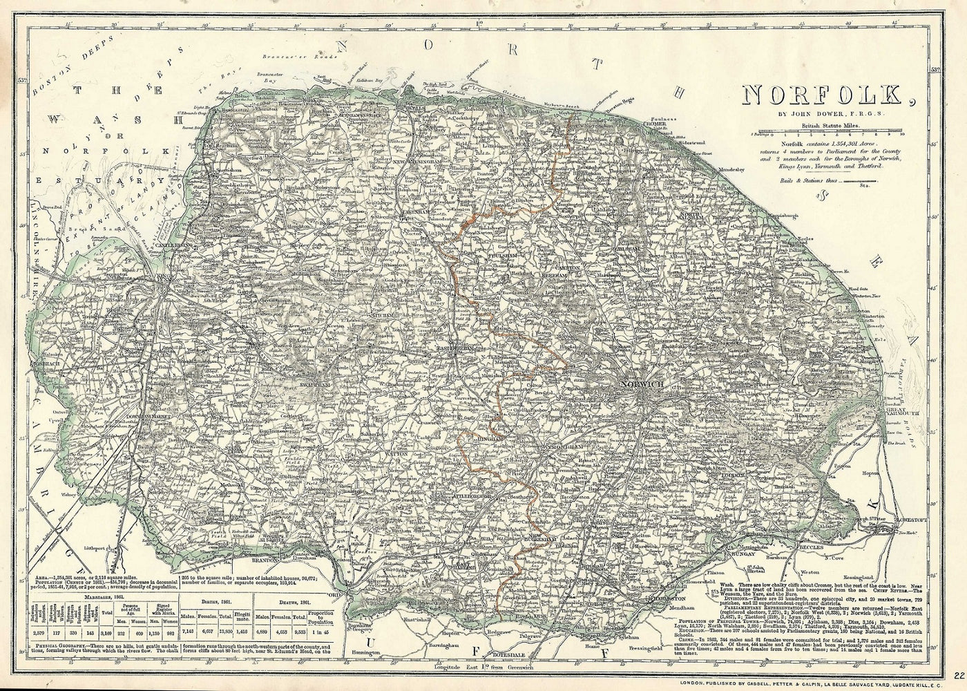 Norfolk antique map from Cassell’s County Atlas 1864