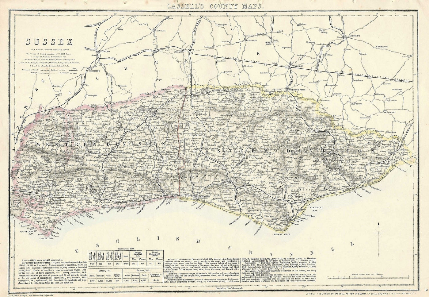 Sussex antique map from Cassell’s County Atlas 1864