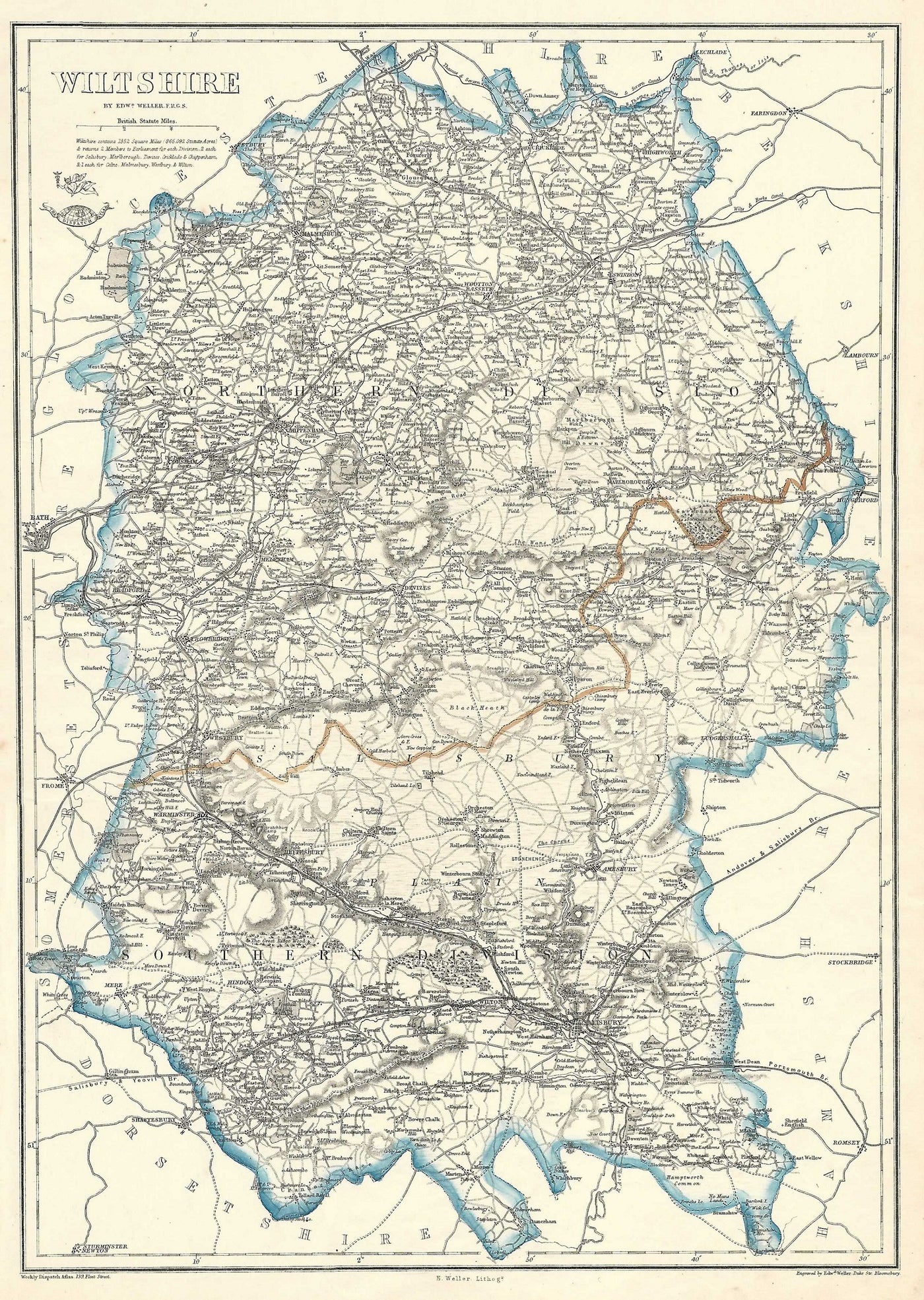 Wiltshire antique map from Cassell's Atlas published 1864