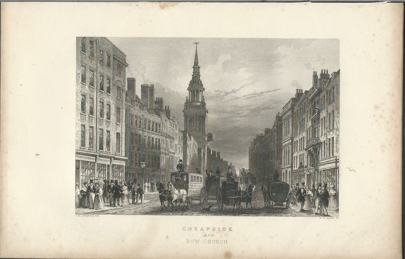 Cheapside and Bow Church antique print 1838