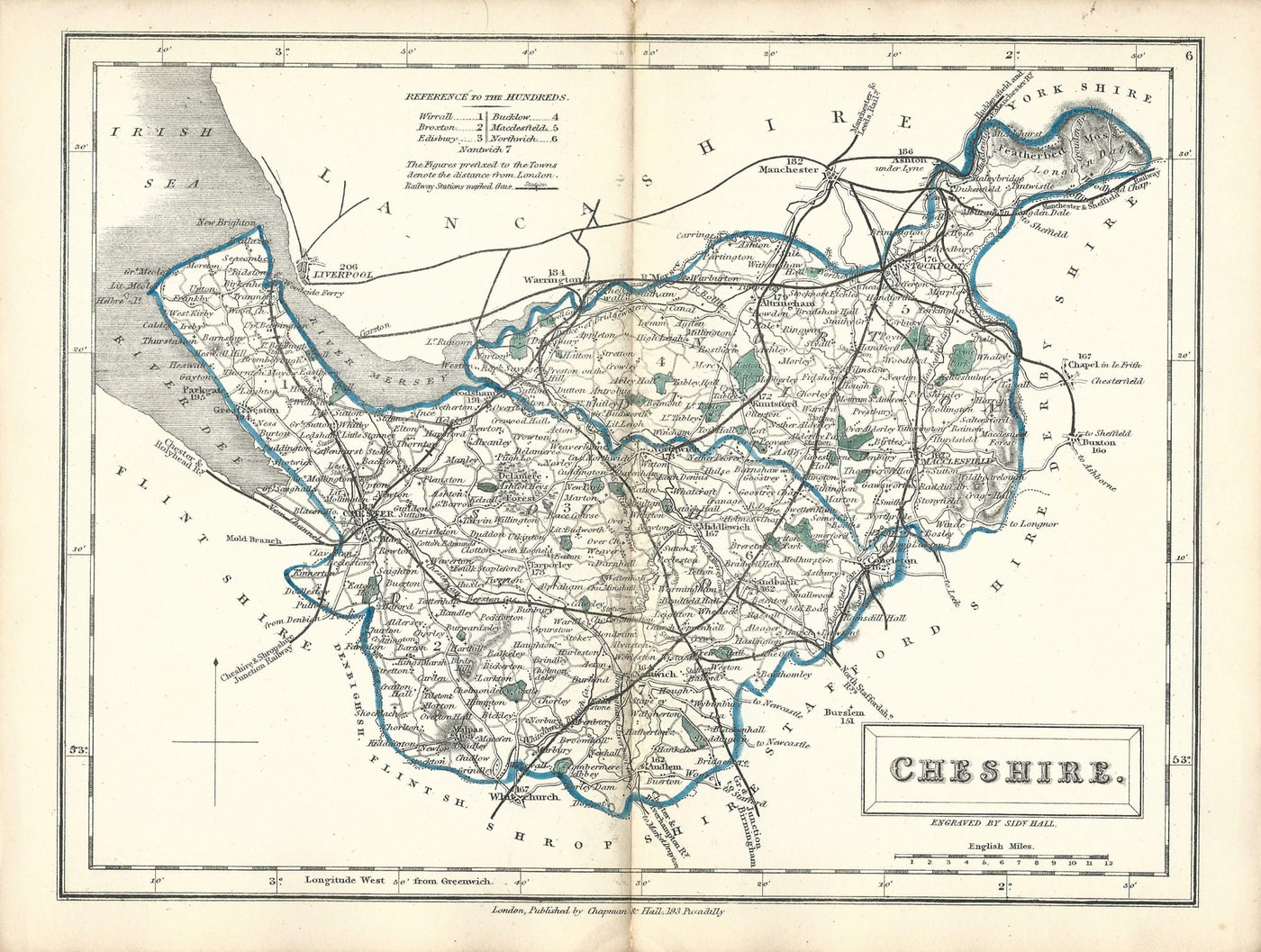 Cheshire antique map from English Counties by Sidney Hall published 1860