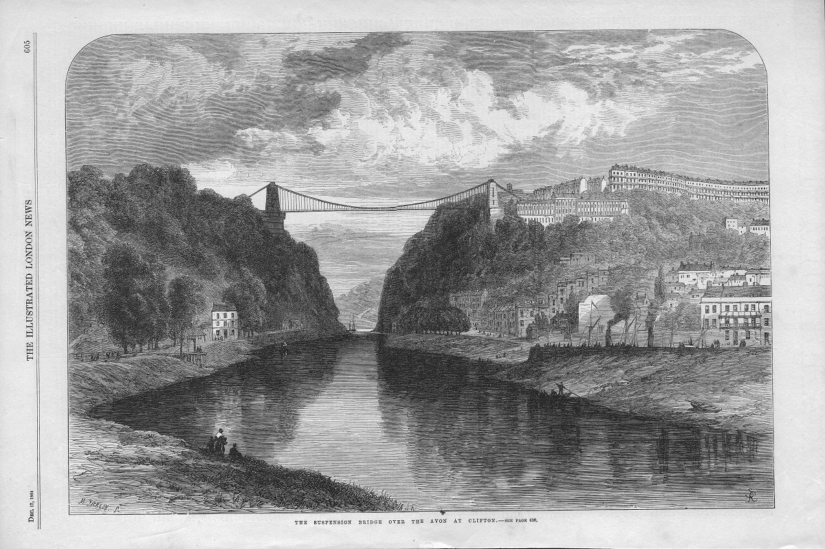 Clifton Suspension Bridge over the River Avon antique print 1864