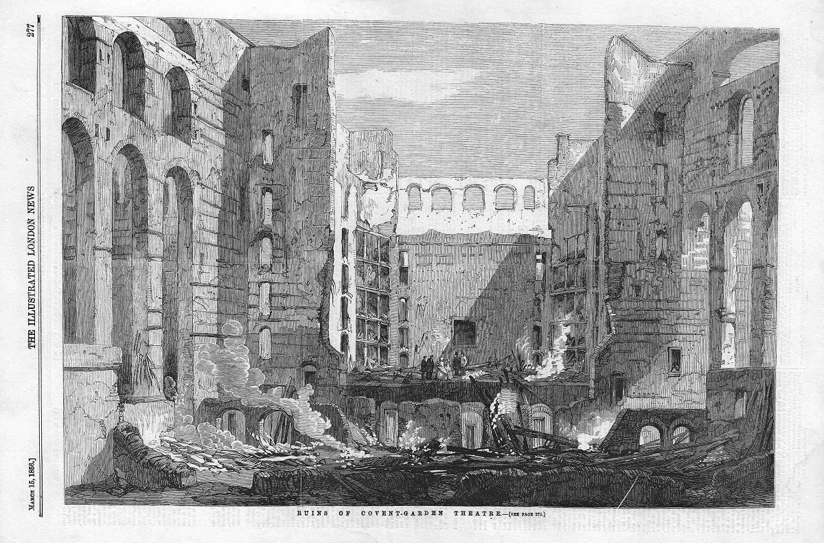 Covent Garden Theatre Fire 1856 interior view antique print ...