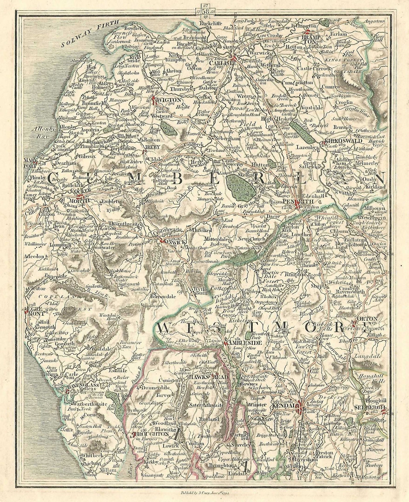 Cumbria Cumberland Westmorland Lancashire antique map published 1794