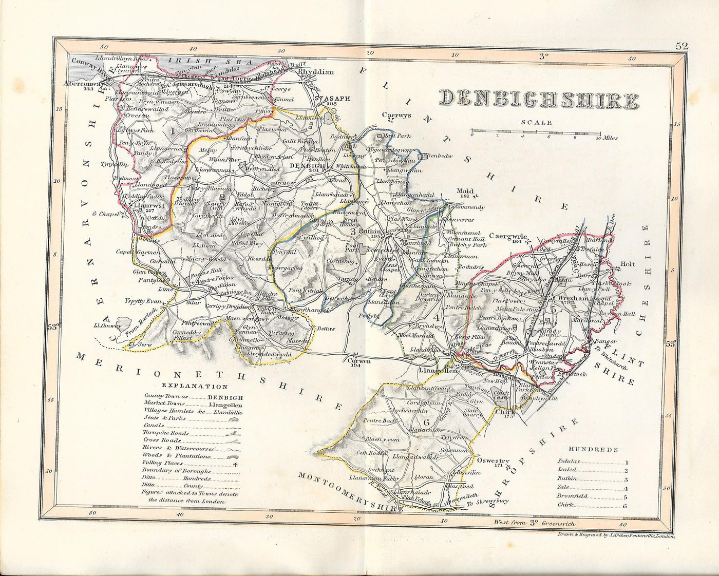 Denbighshire Sir Ddinbych Cymru Wales antique map 1845