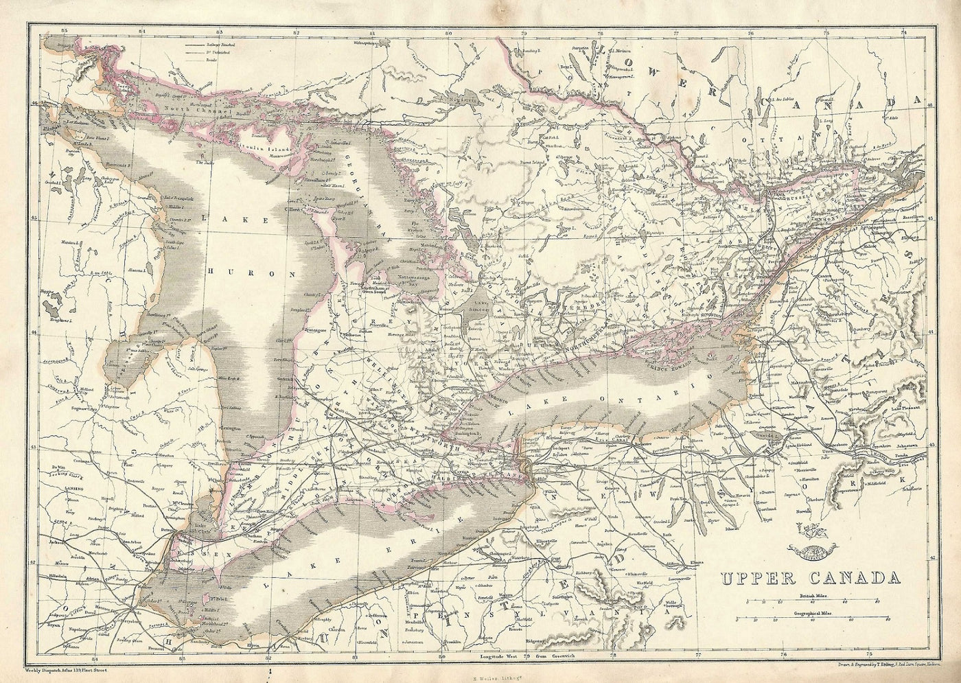 Canada (Upper) Weekly Dispatch Atlas antique map 1863