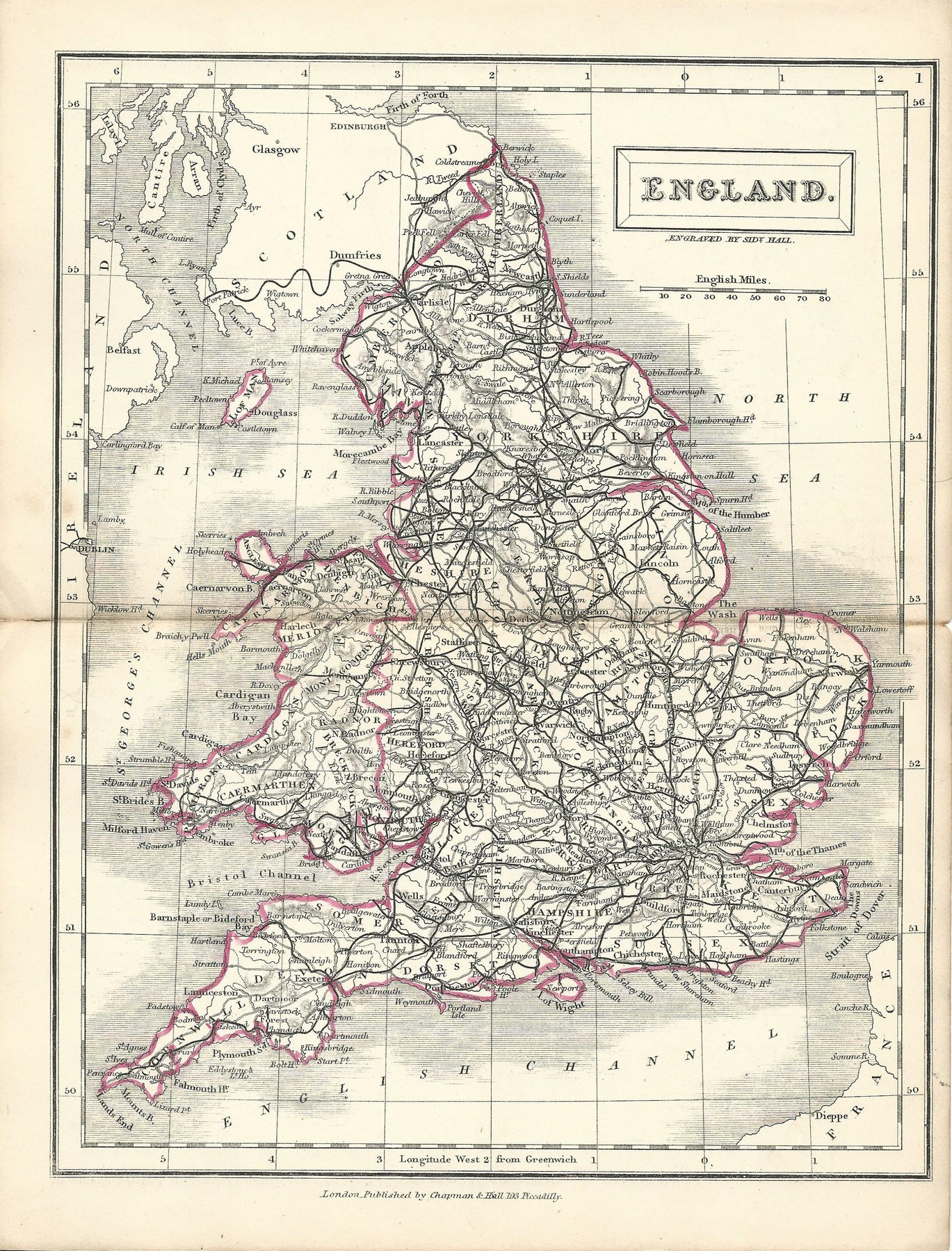 England steel engraved antique map of the English counties by Sidney H ...