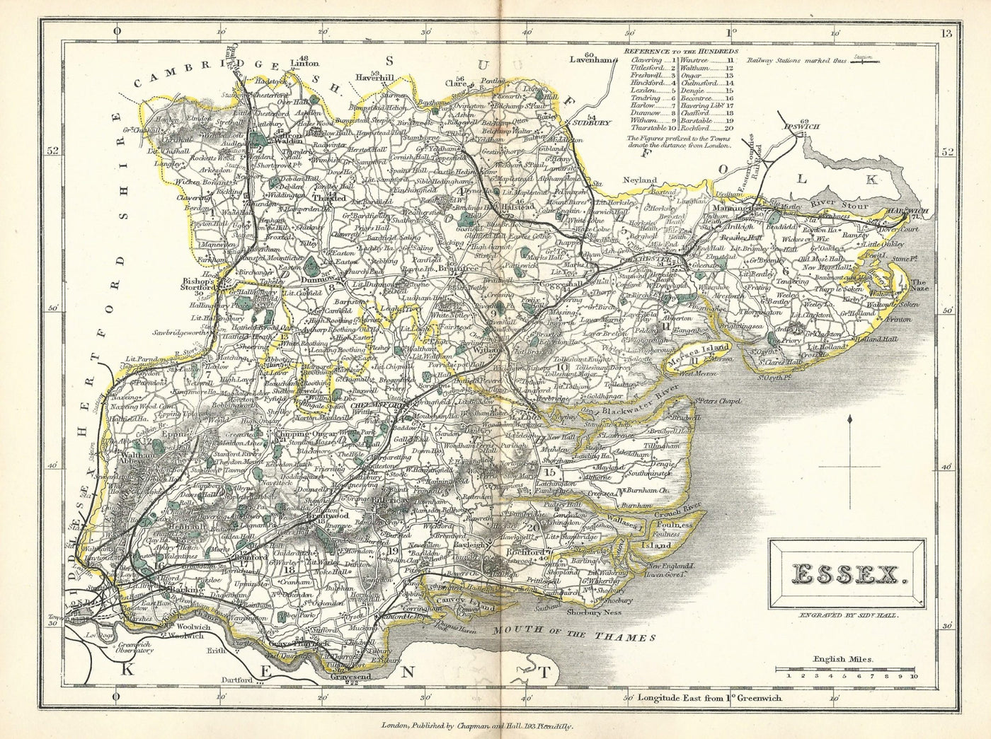 Essex antique map from English Counties by Sidney Hall published 1860