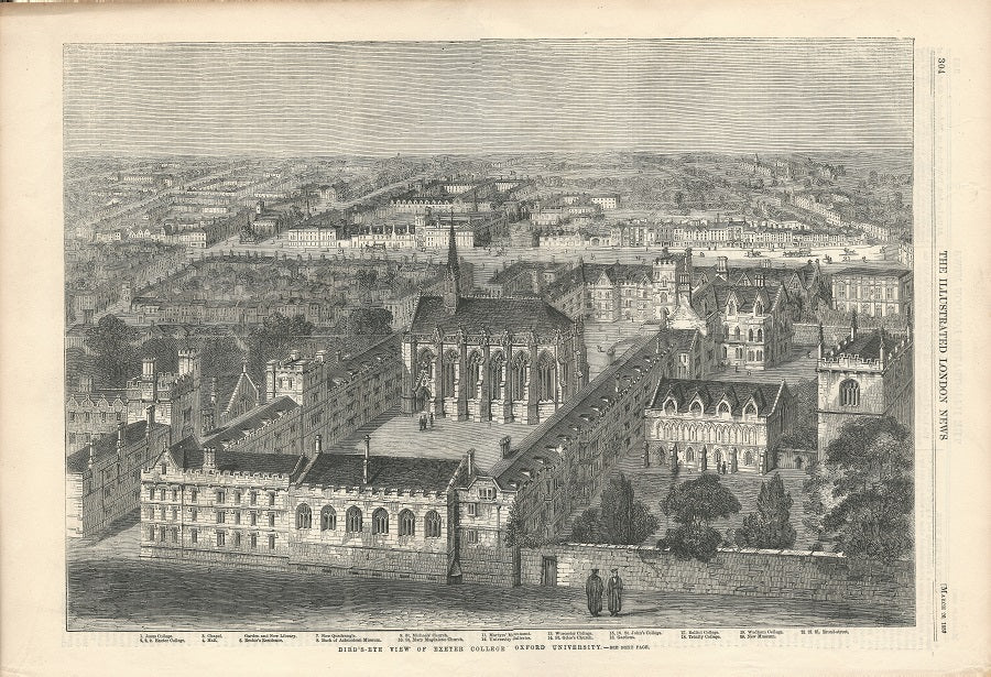 Exeter College Oxford University antique print 1859