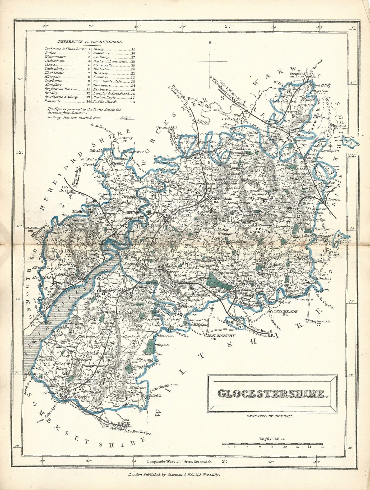 Gloucestershire antique map from English Counties by Sidney Hall published 1860