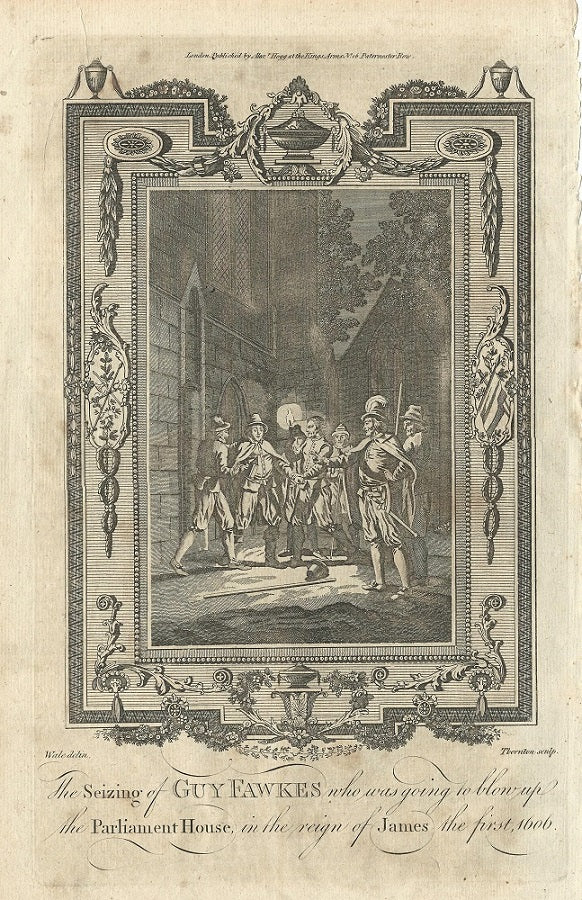 Guy Fawkes seized under Parliament in 1606 antique print 1784