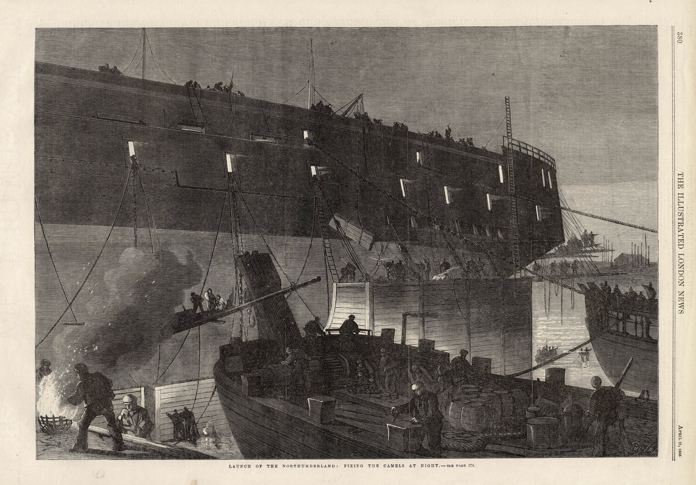 HMS Northumberland fixing the camels at night antique print 1866