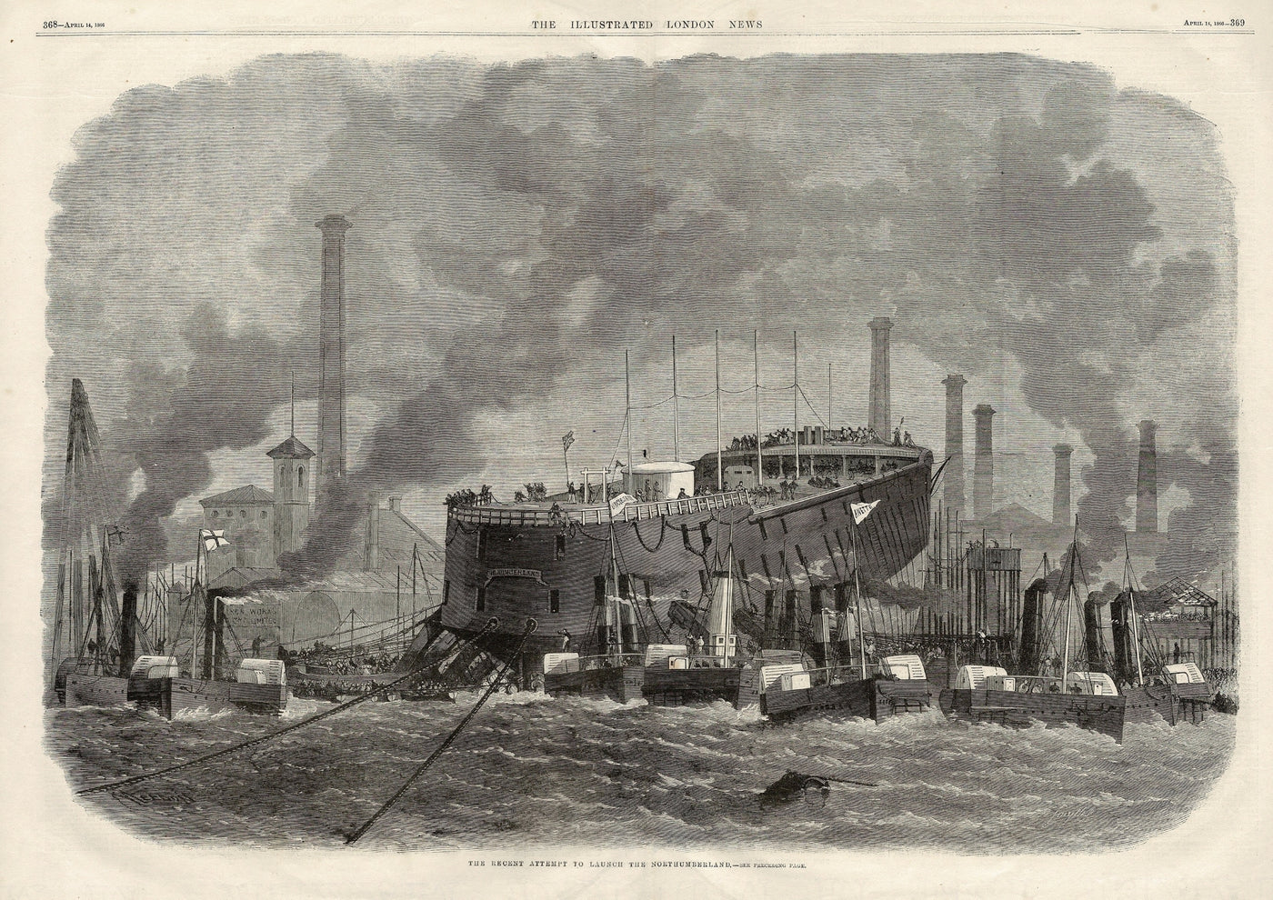 HMS Northumberland launch into the River Thames antique print 1866