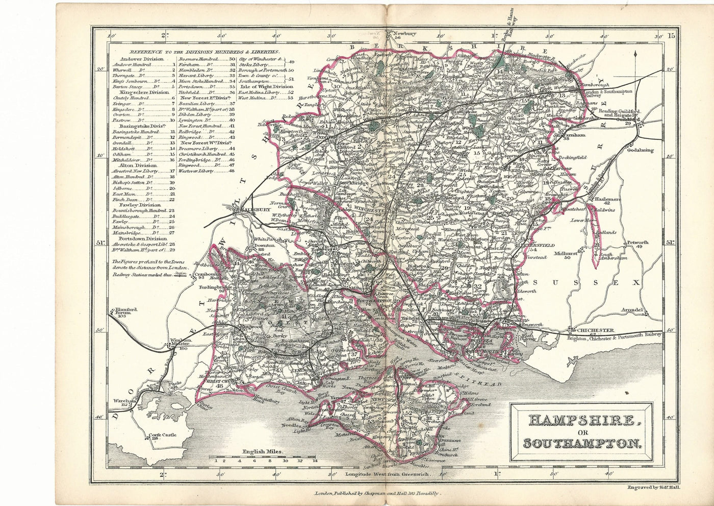 Hampshire Southampton antique map English Counties by Sidney Hall published 1860