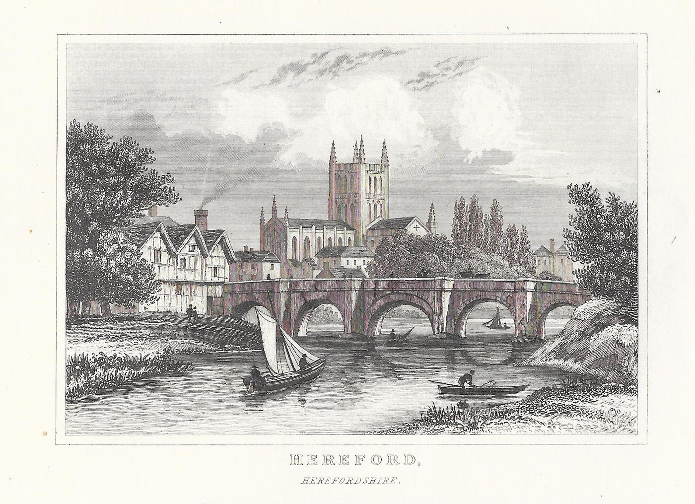 Hereford on the River Wye antique print 1845