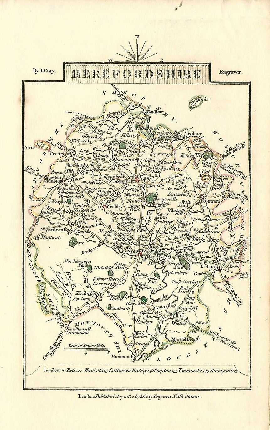 Hereford antique map (Herefordshire) published 1812