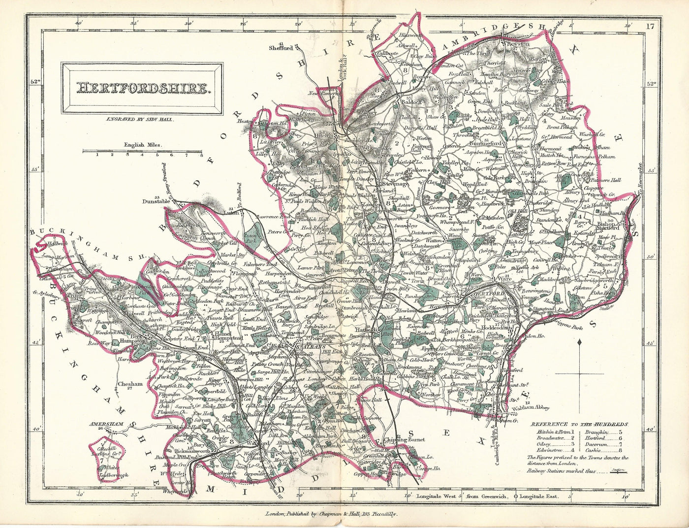 Hertfordshire antique map from English Counties by Sidney Hall published 1860