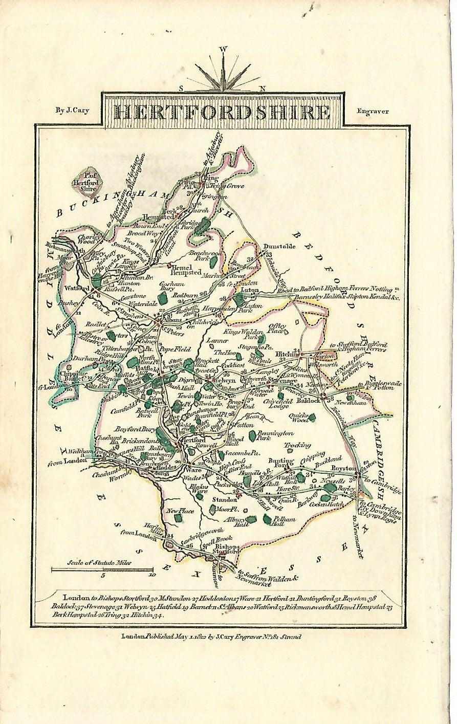 Hertfordshire antique map published 1812 by cartographer John Cary