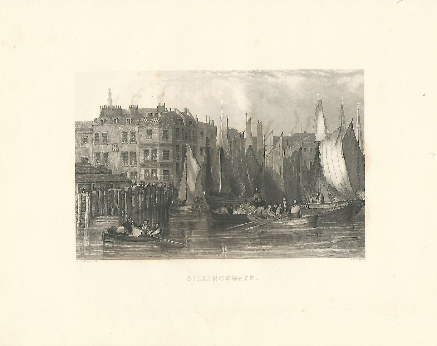 Billingsgate Market from the River Thames antique print 1838