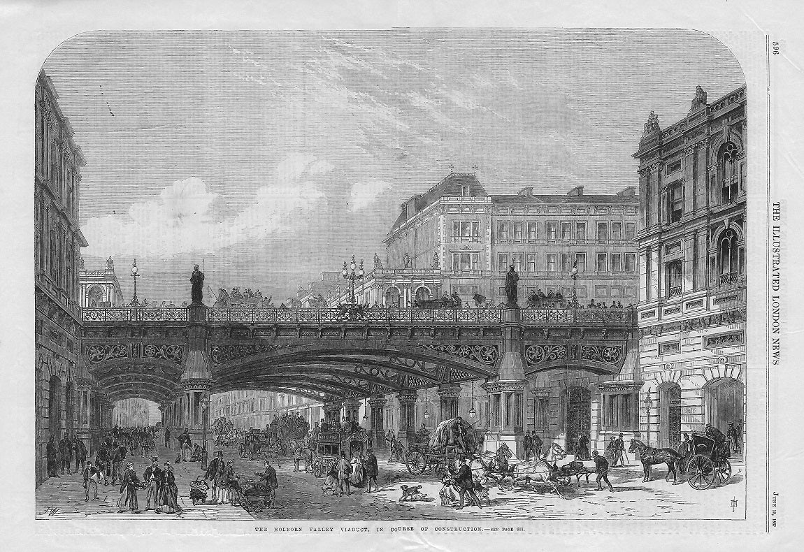 Holborn Viaduct construction antique print 1867