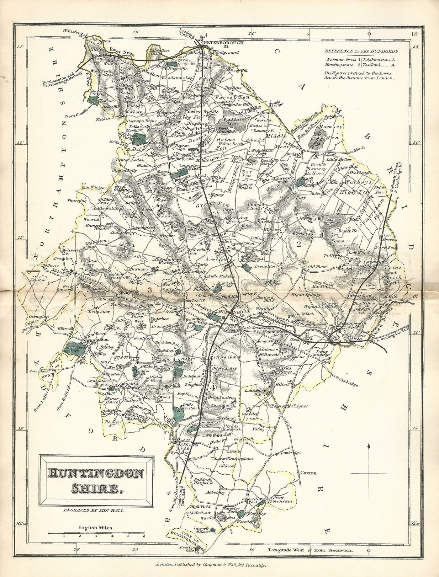 Huntingdonshire antique map from English Counties by Sidney Hall published 1860