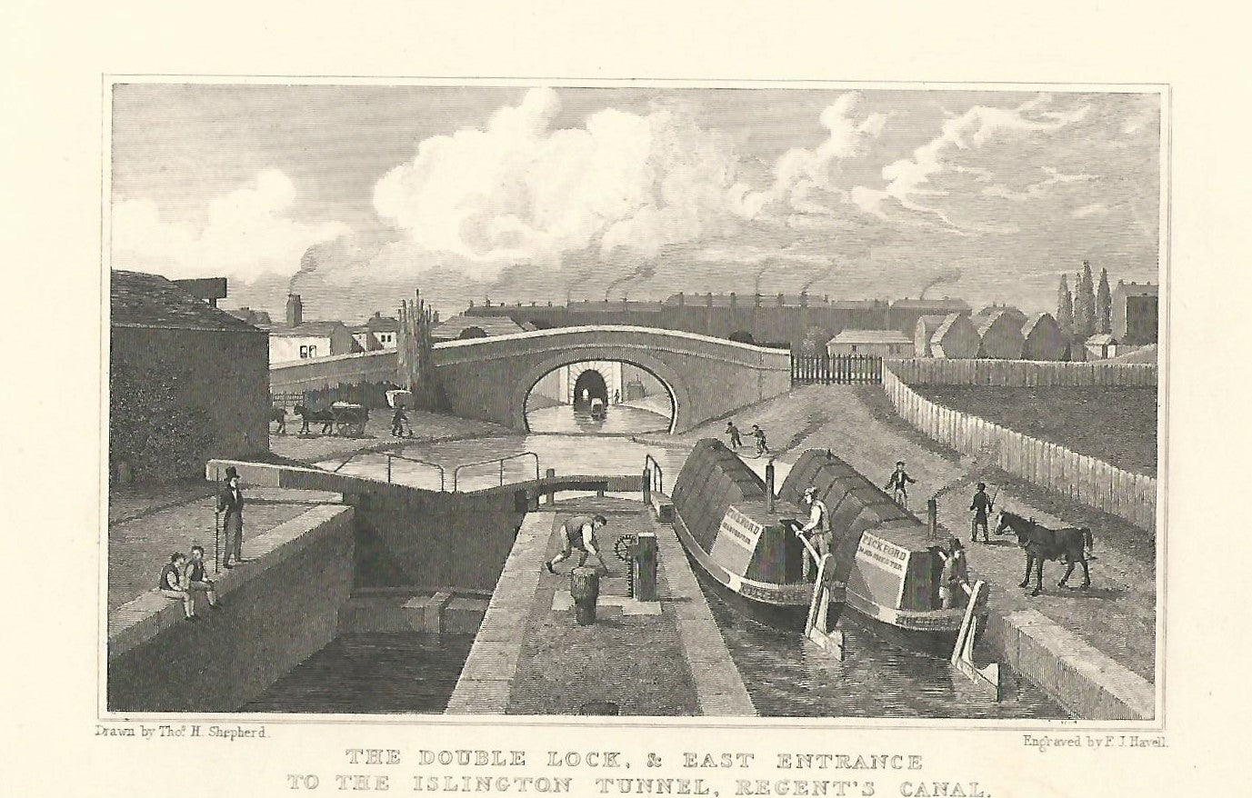 Islington Double Lock Regent's Canal Tunnel London antique print 1830