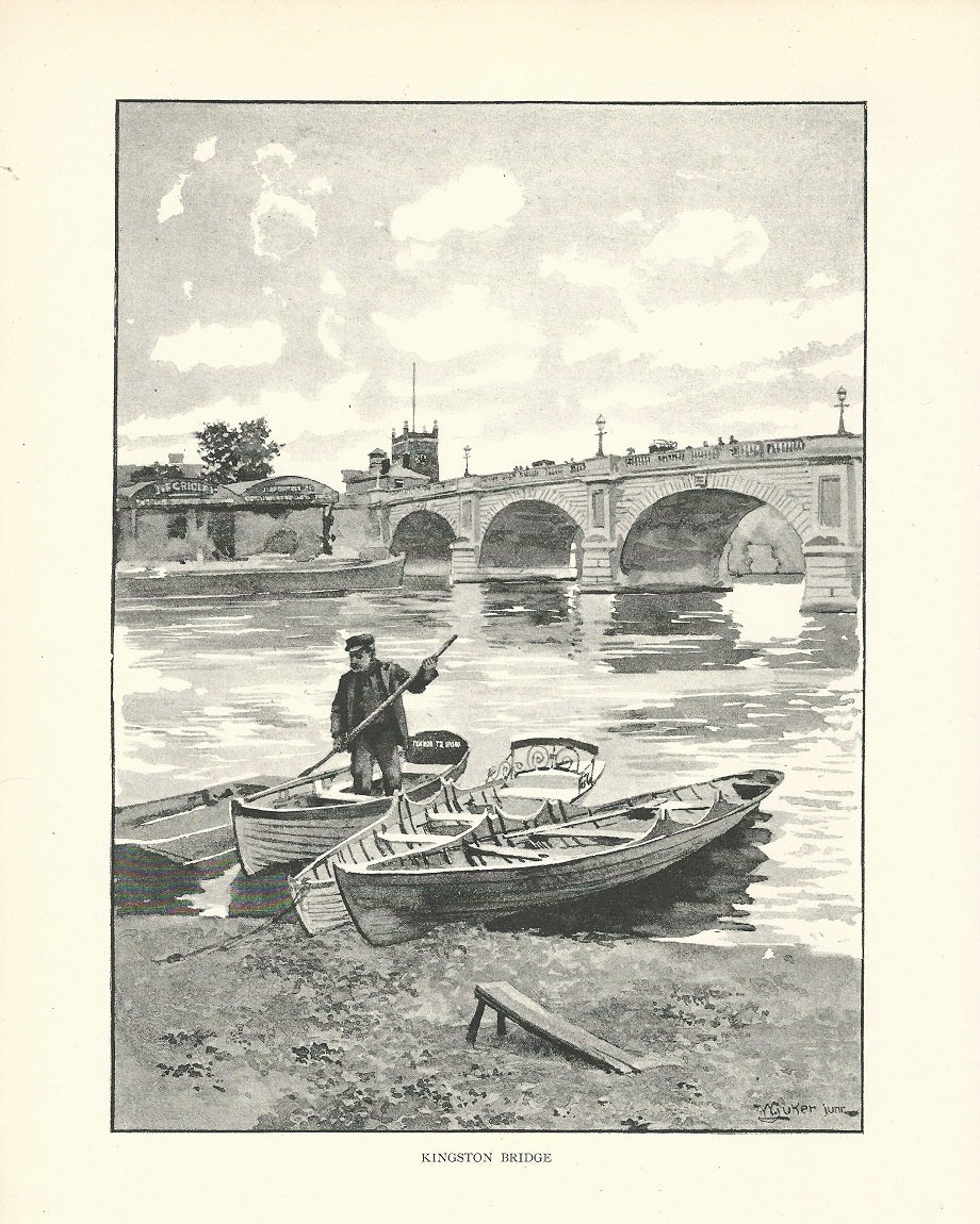 Kingston Bridge over the River Thames antique print 1893