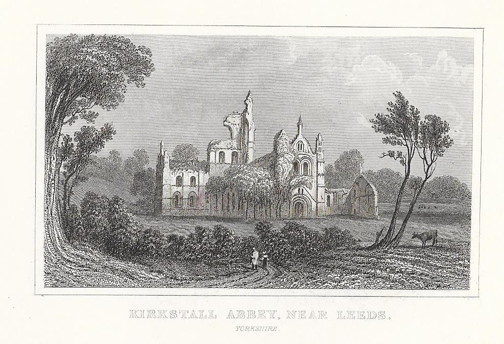 Kirkstall Abbey Leeds Yorkshire antique print 1845