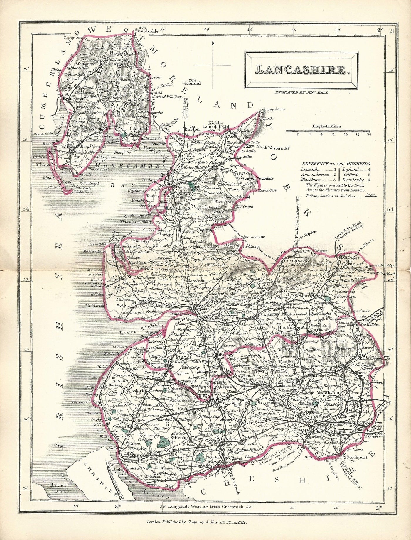 Lancashire antique map from English Counties by Sidney Hall published 1860