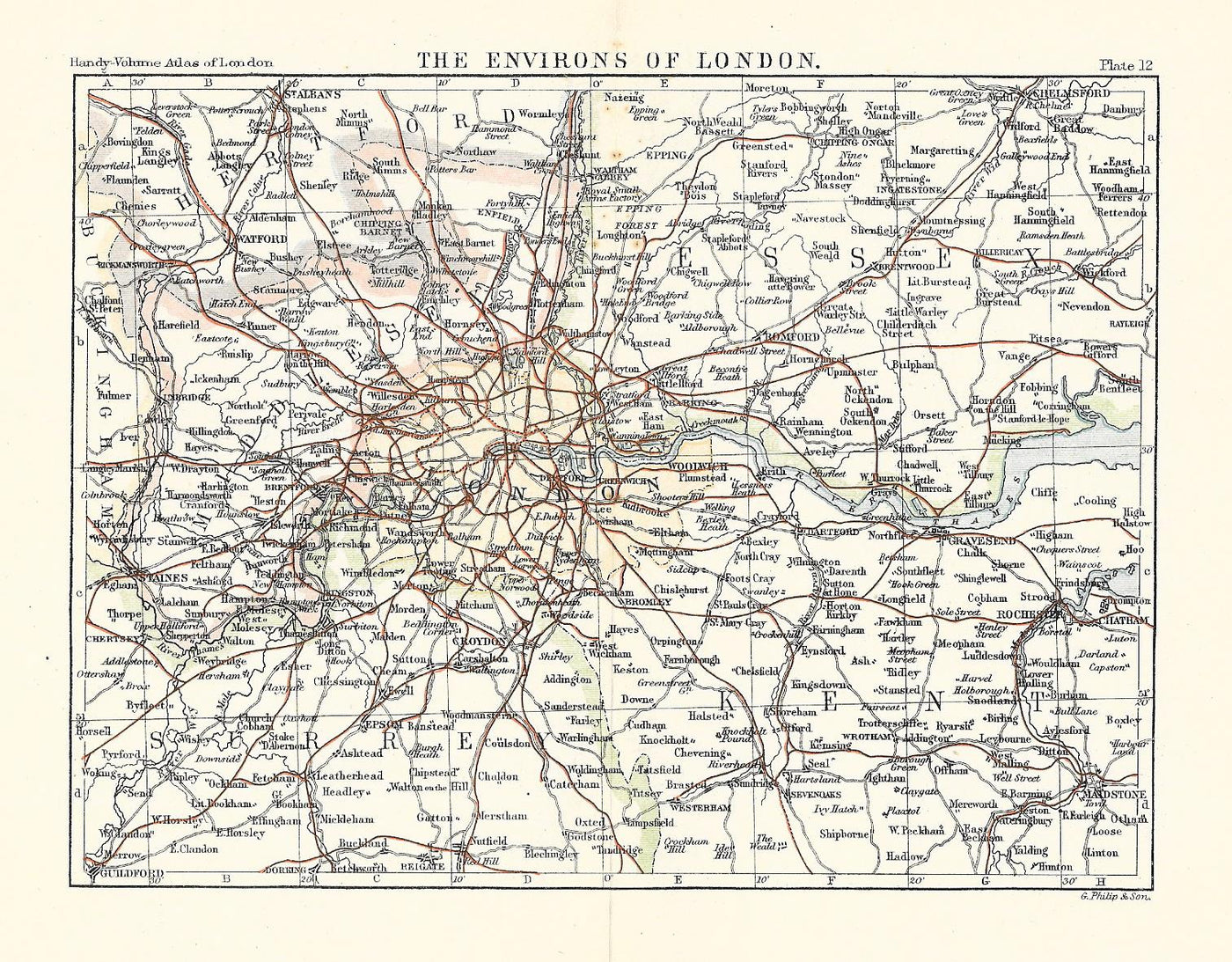 London environs antique map 1902