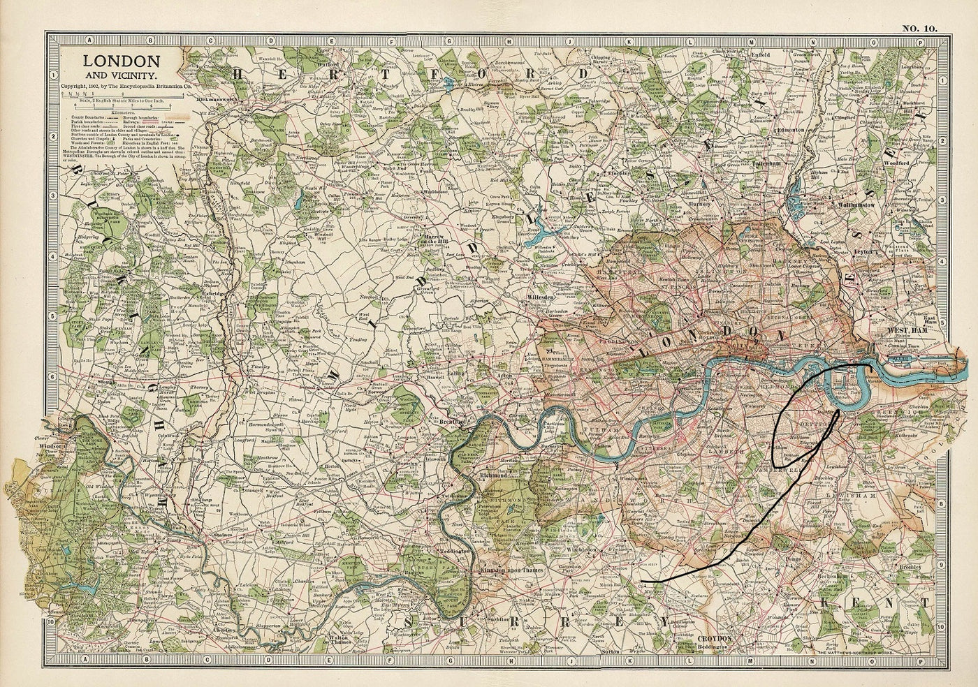 London and Vicinity antique map Encyclopaedia Britannica 1903