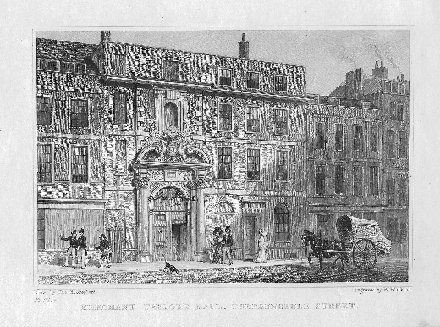 Merchant Taylors Hall Threadneedle Street antique print 1830