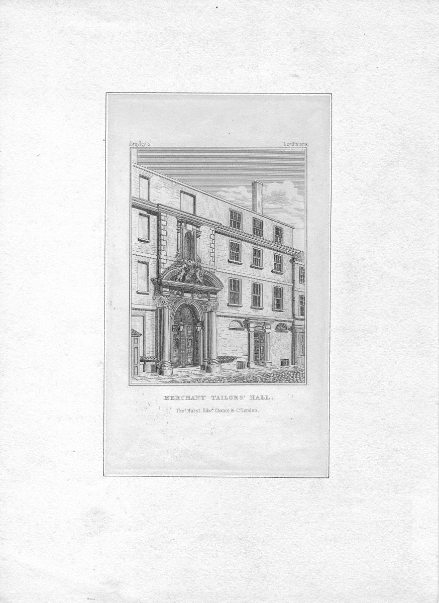 Merchant Taylors Hall from Brayley's Londinia antique print 1829